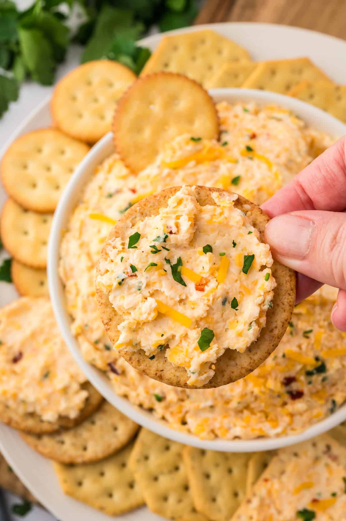 Cheese spread on cracker.