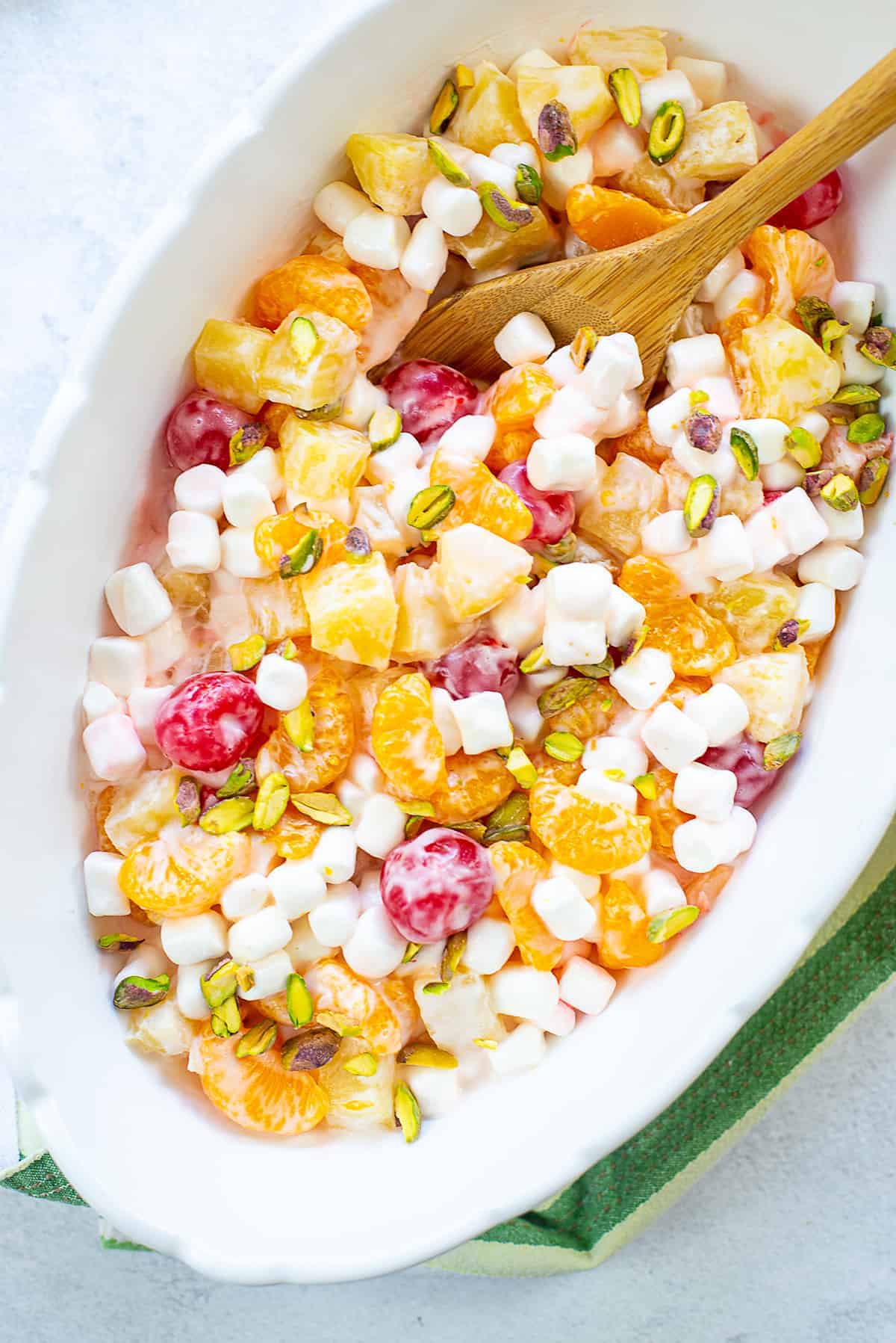 Ambrosia salad recipe in white dish.