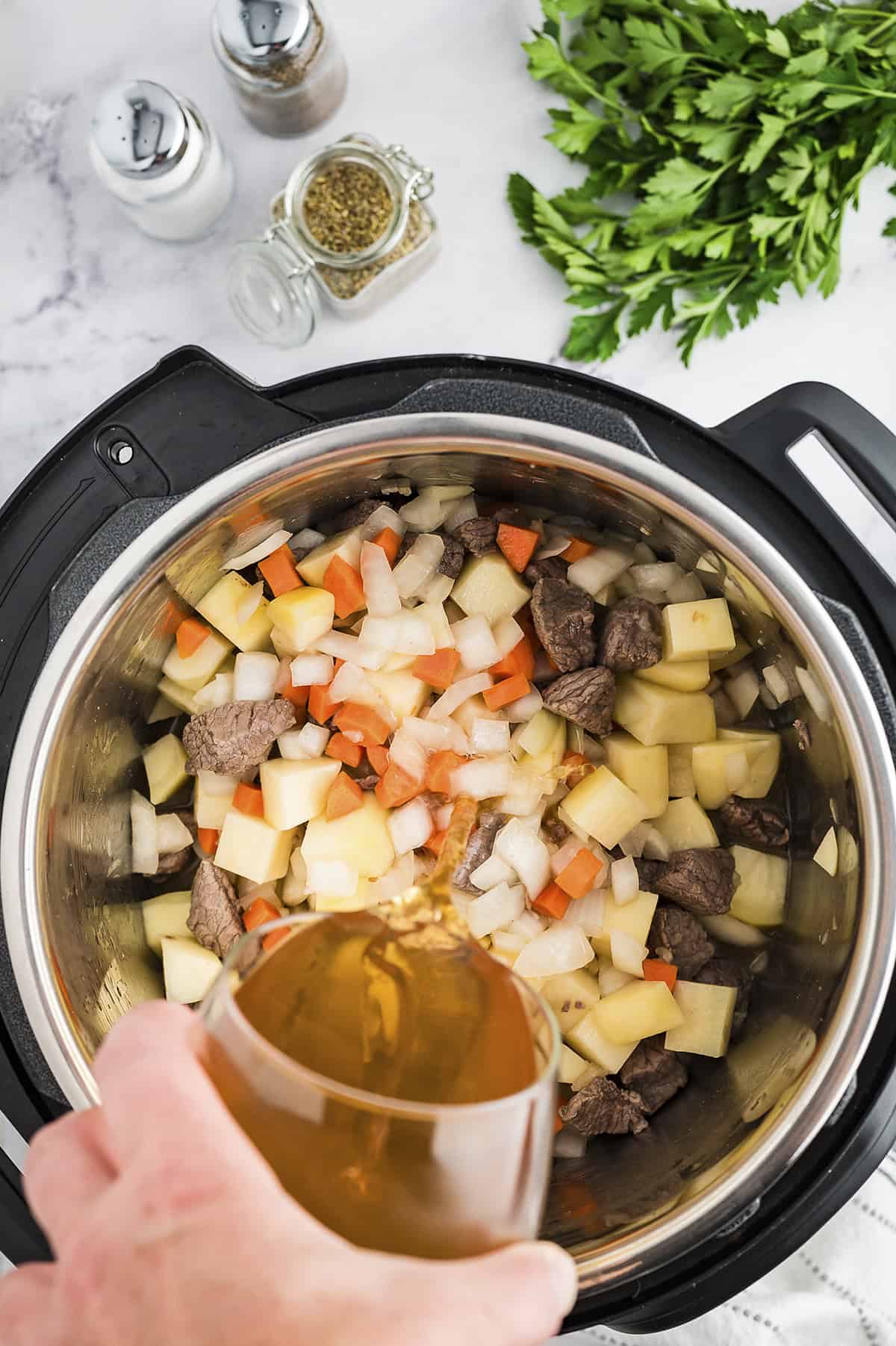 Vegetables and broth in Instant pot.