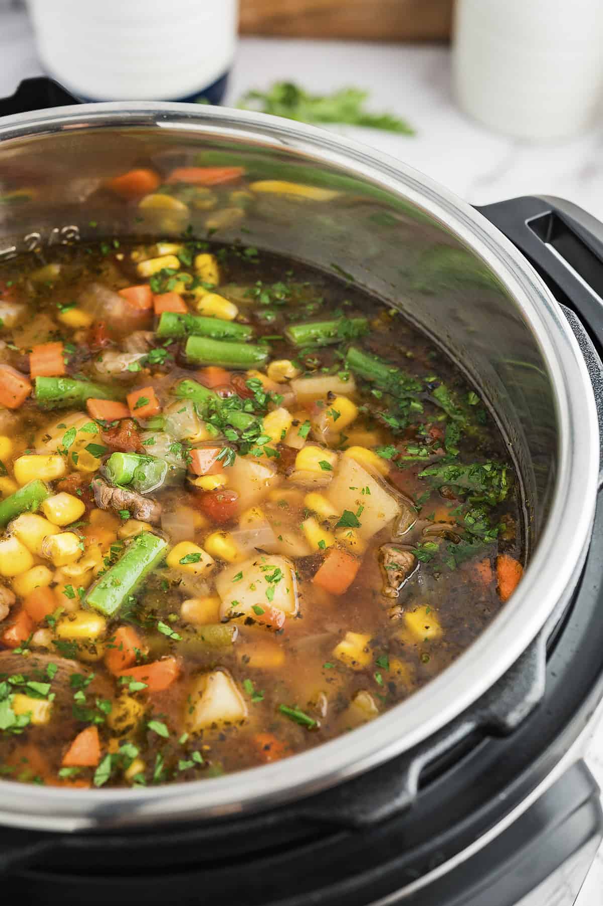 Vegetable beef soup in Instant Pot.