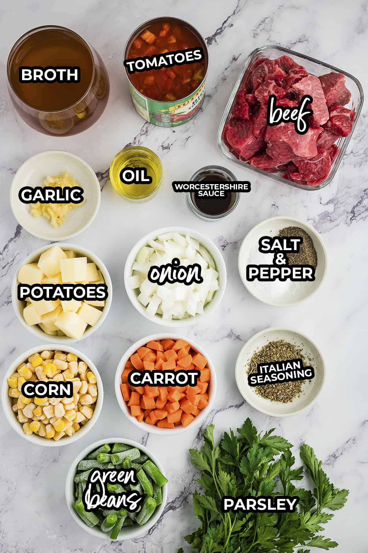 Ingredients for Instant Pot Vegetable Beef Soup.