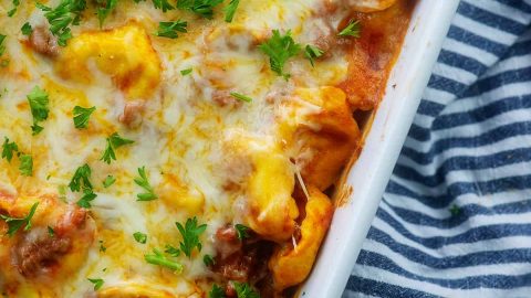 baked cheese tortellini recipe in baking dish.