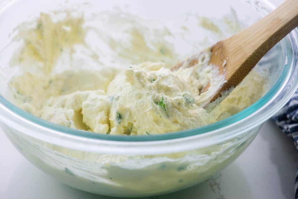 cream cheese mixture in glass bowl.