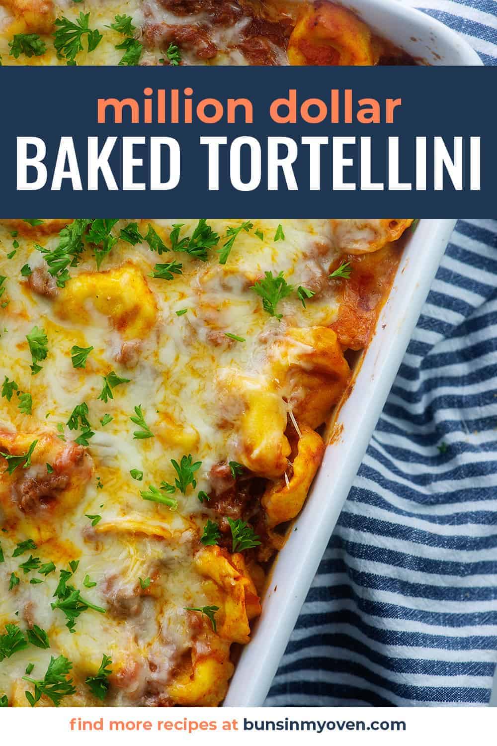 baked tortellini recipe in white baking dish.