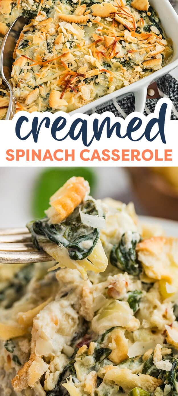 Creamed spinach casserole collage.