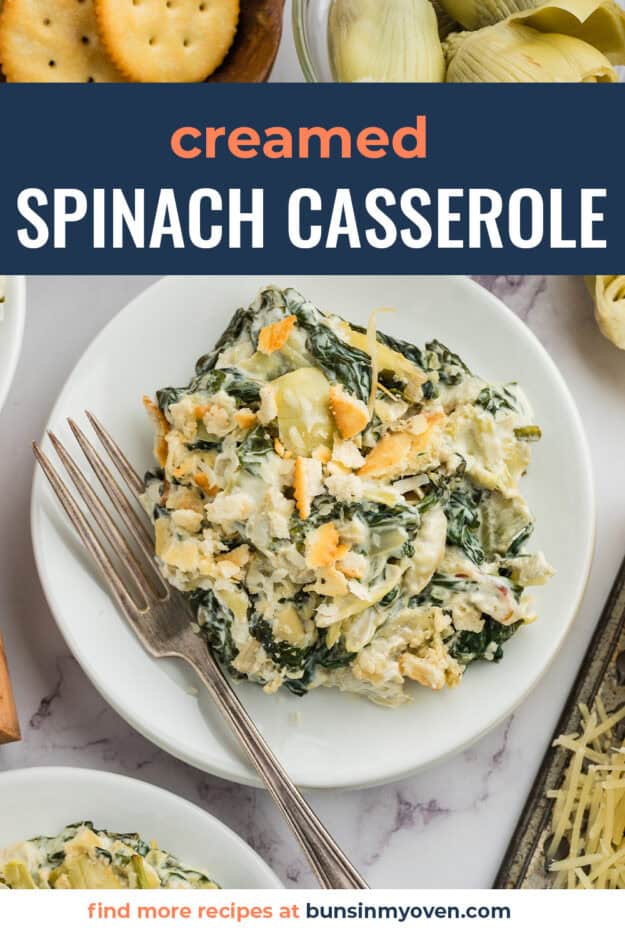 Spinach casserole on white plate.