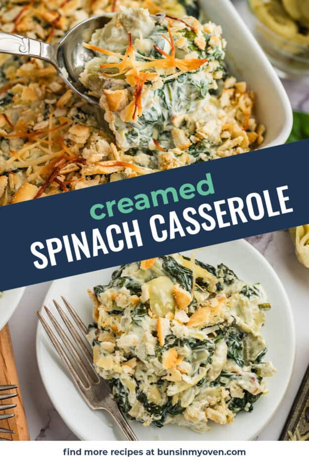 Collage of spinach casserole images.