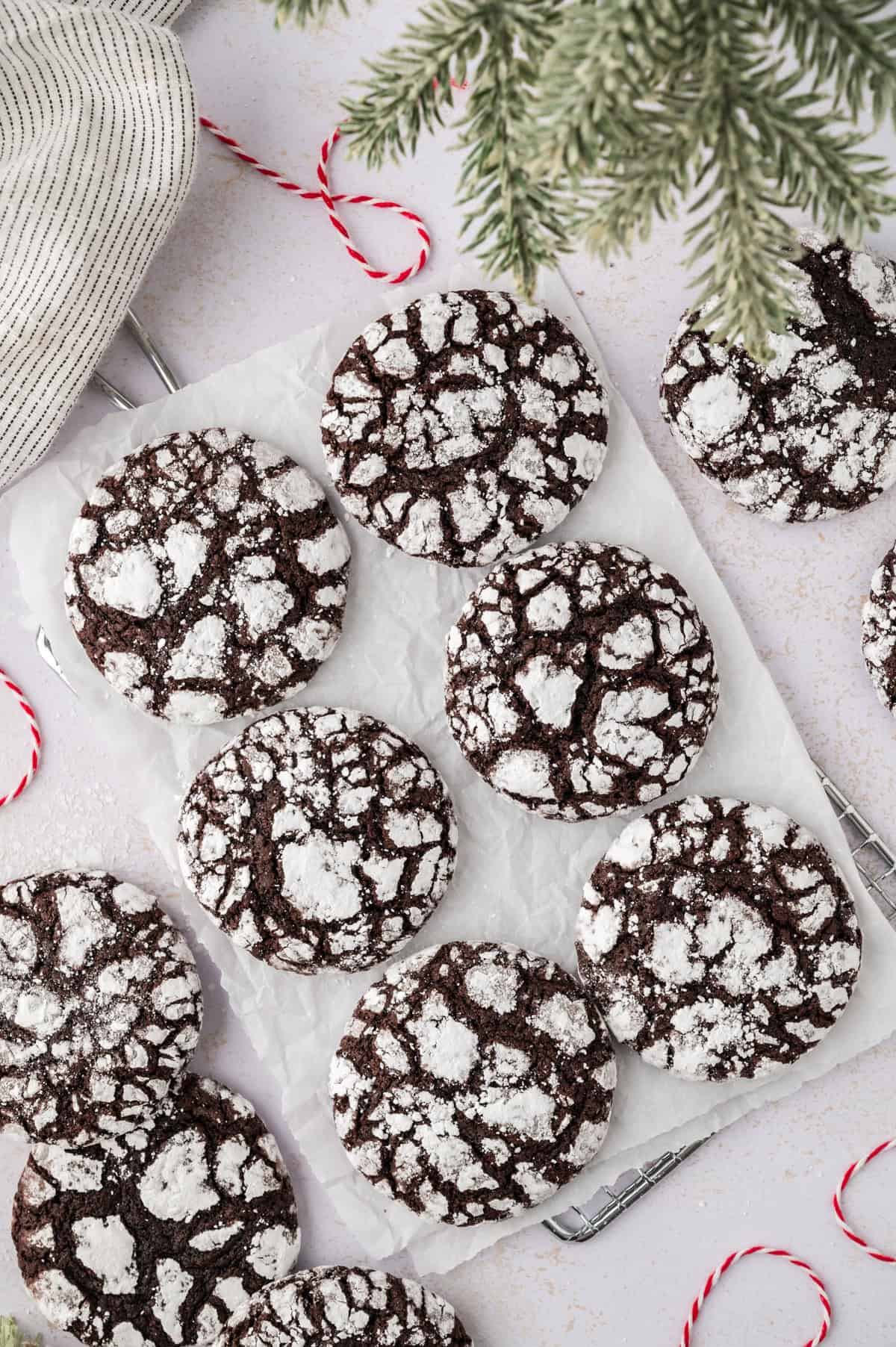 Cocoa crinkle cookies on parchment.