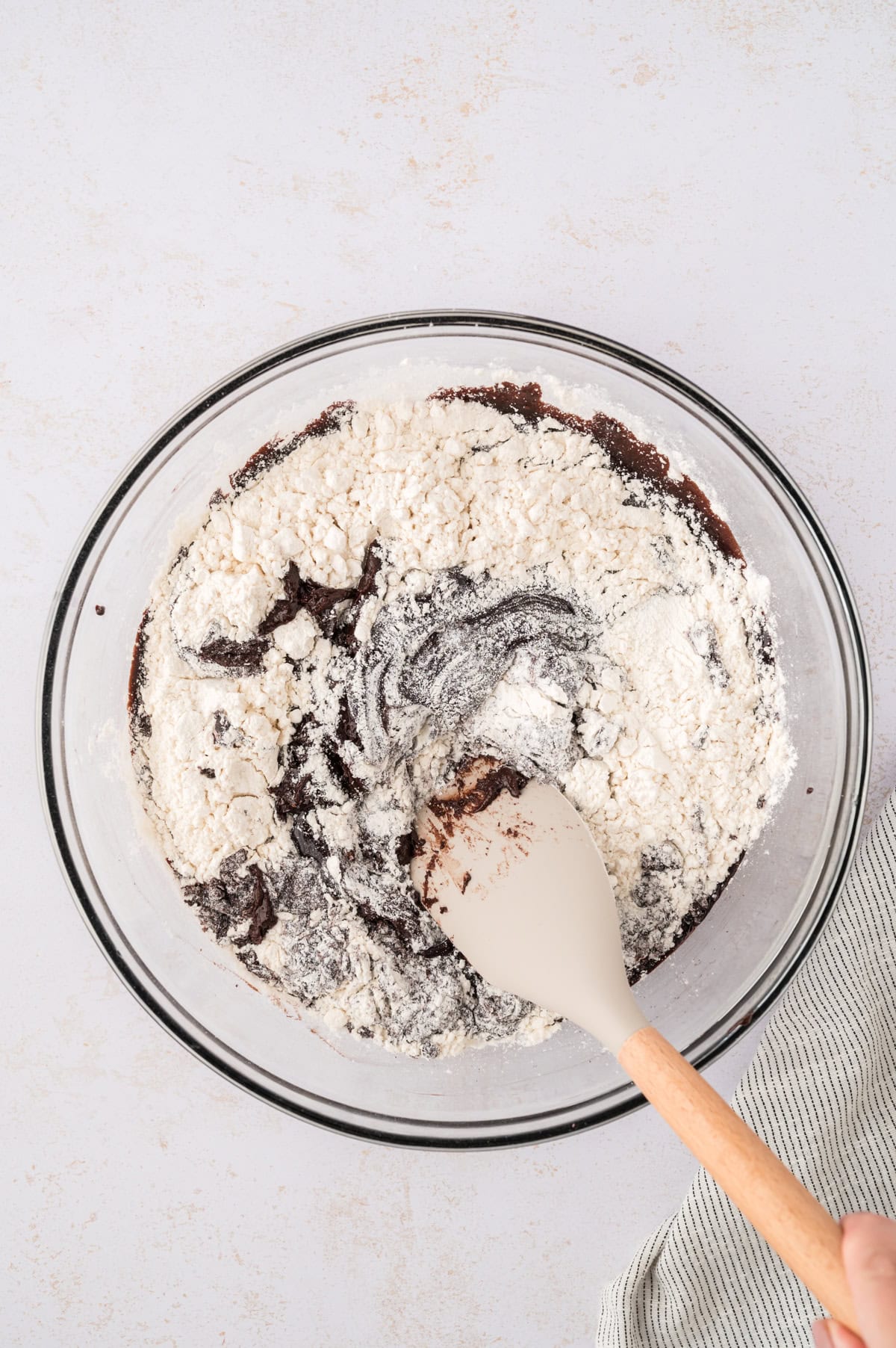 Dry ingredients mixed into cookie dough.