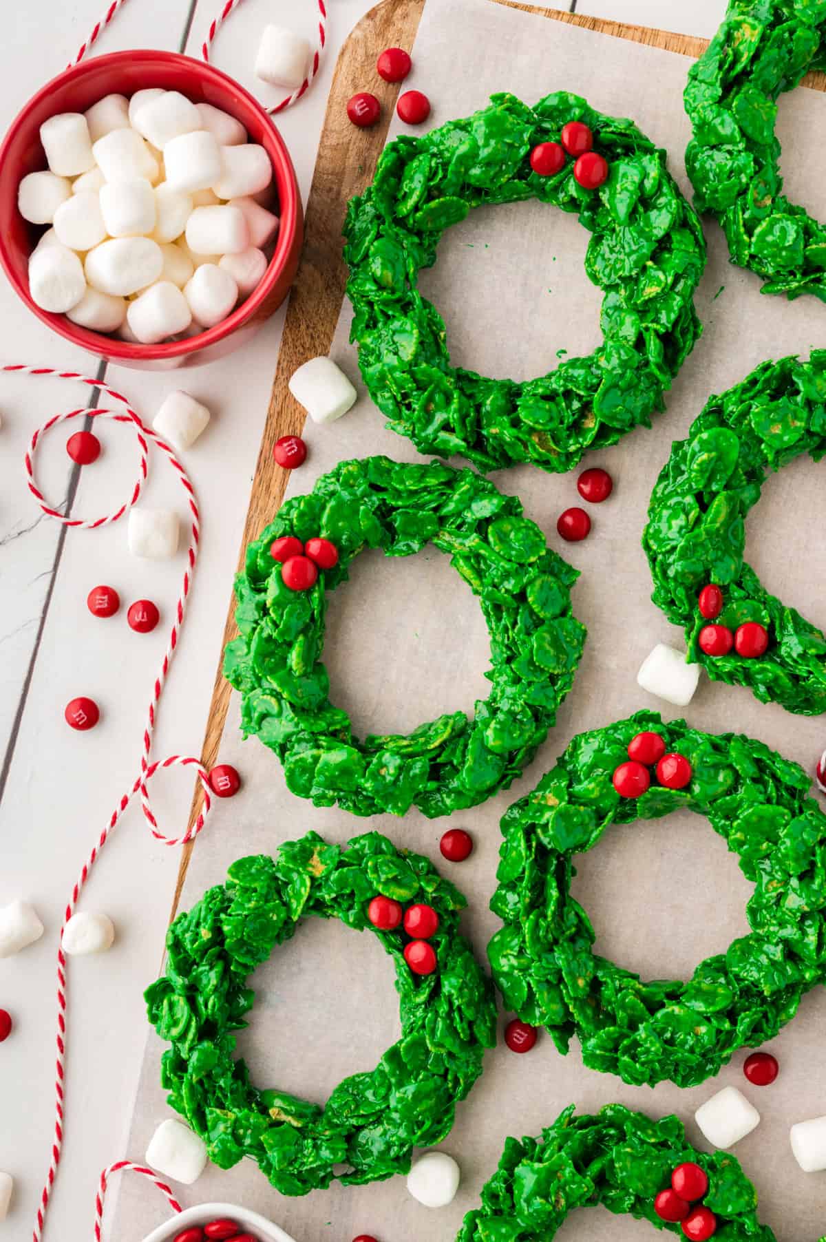 Cornflake wreaths on counter.