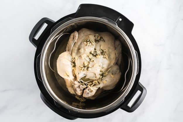Instant Pot with a whole cooked chicken inside.