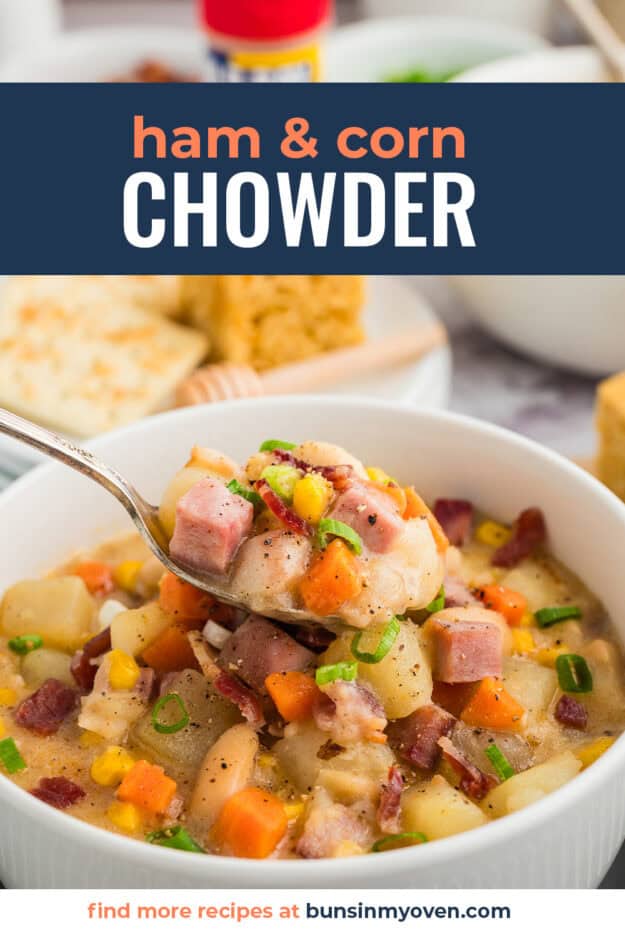 Spoonful of ham and corn chowder.