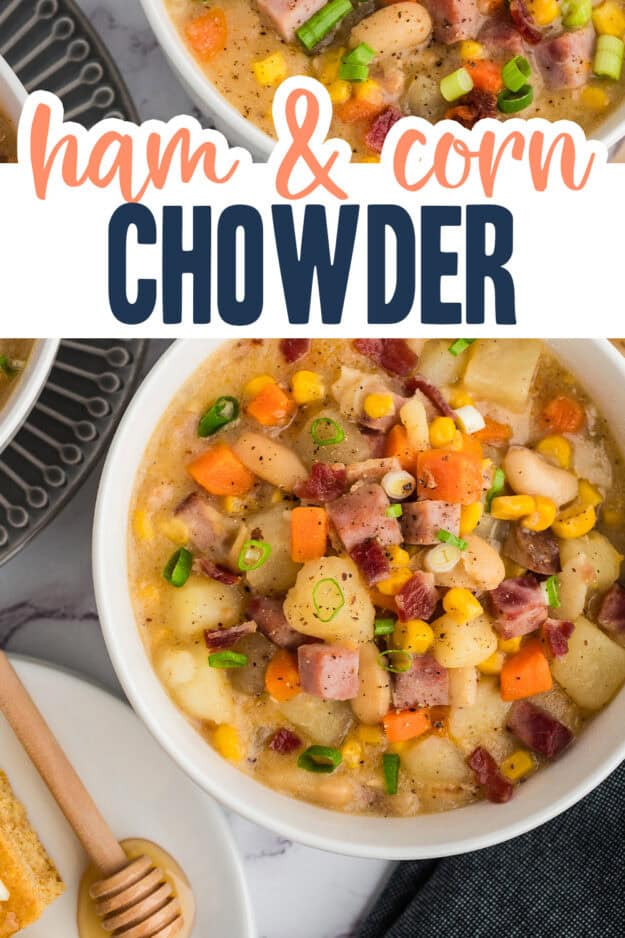 Ham and corn chowder in bowls.