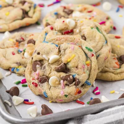 Cake batter cookies on baking sheet.