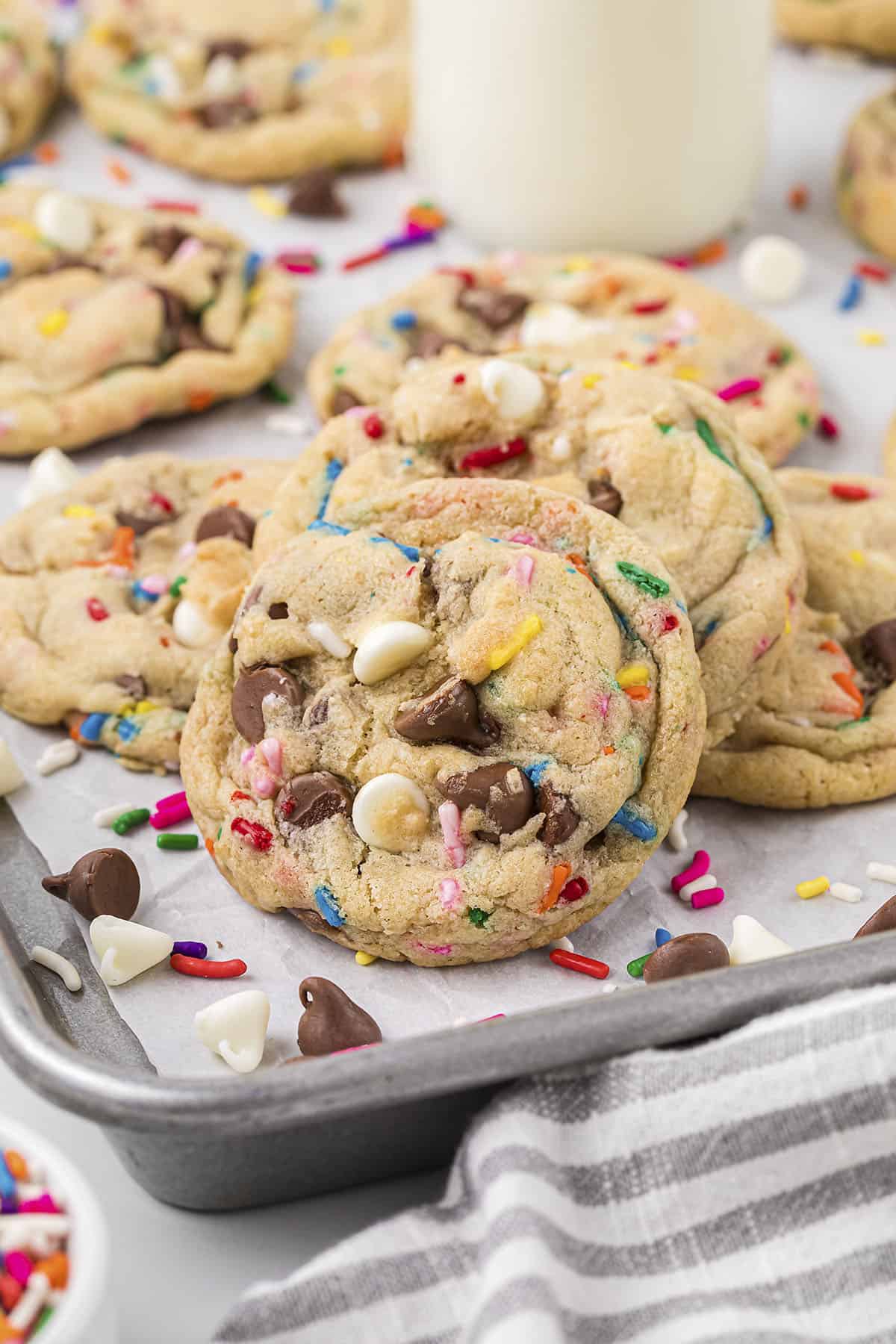 Cake batter cookies on baking sheet.