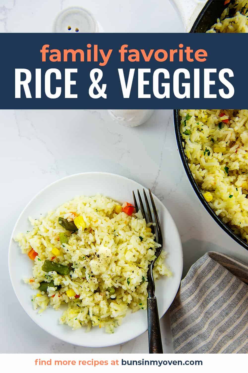 rice with vegetables on white plate next to pot full of rice.