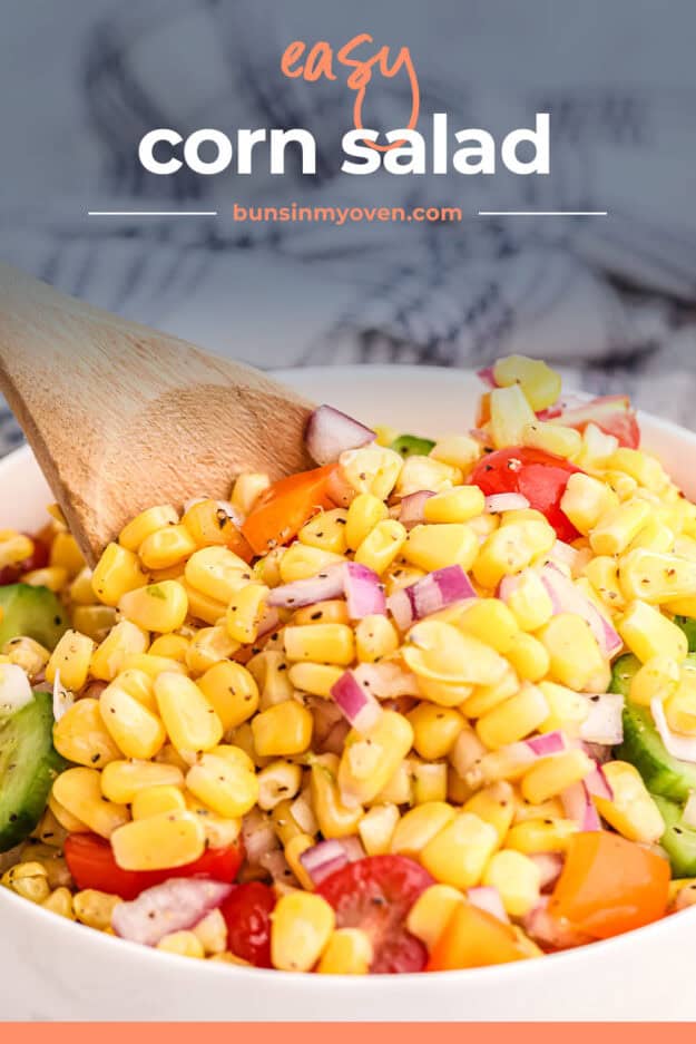 Corn salad in white bowl with text for PInterest.