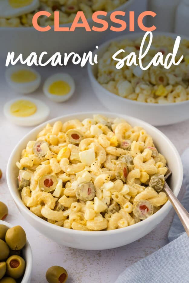 Classic macaroni salad in bowl.