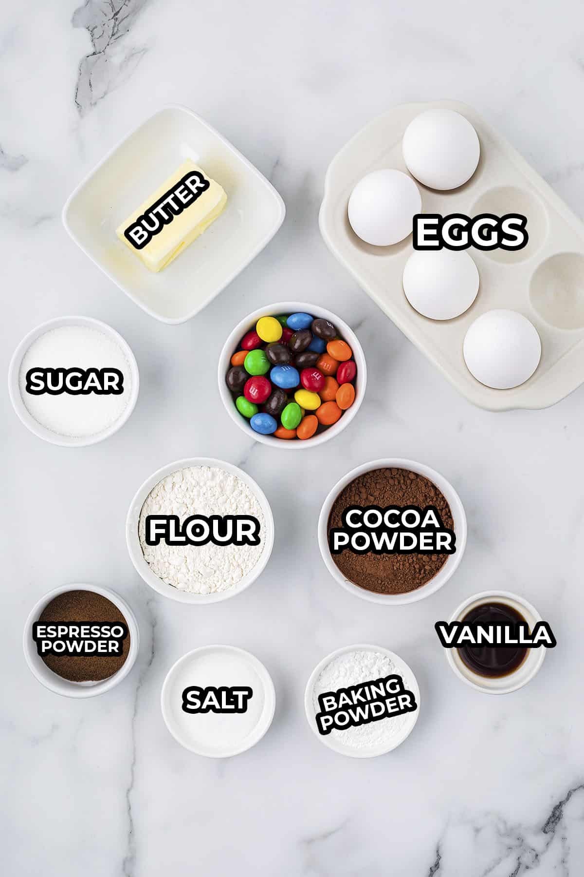 Ingredients for m&m brownies recipe.