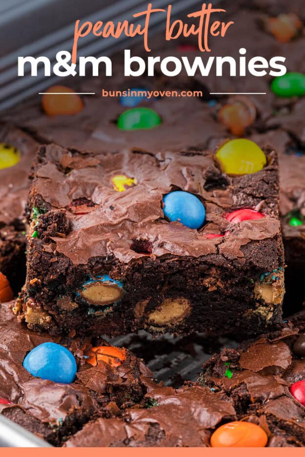 Sliced brownies with m&ms.