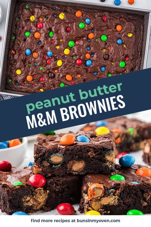 Collage of peanut butter m&m brownie images.