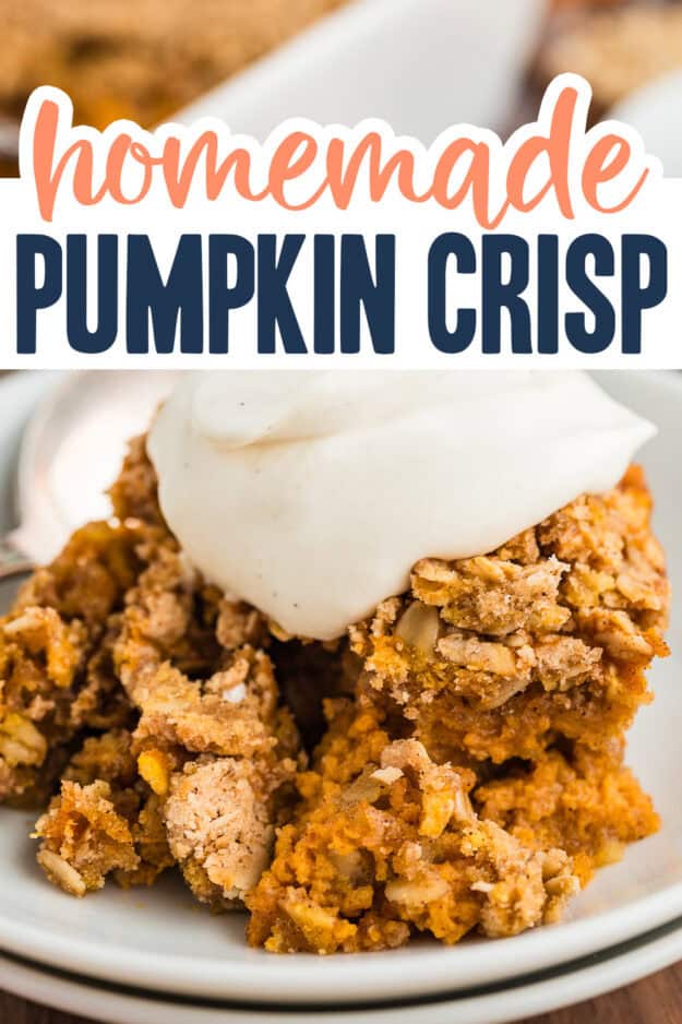 Homemade pumpkin crisp recipe topped with whipped cream.