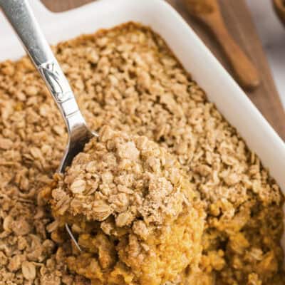 Pumpkin crisp in baking dish.