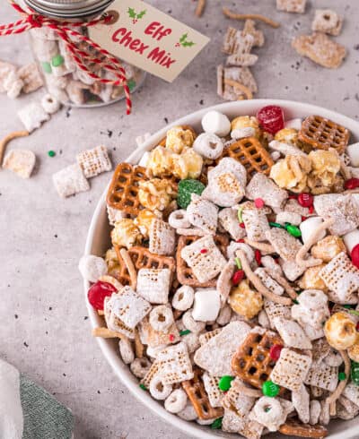 sweet Chex mix in white bowl.