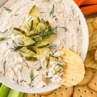 Bowl full of dill pickle dip.