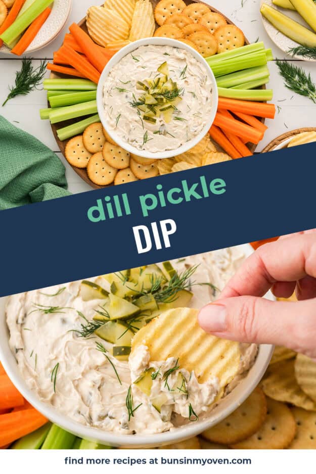 Collage of dill pickle dip images.