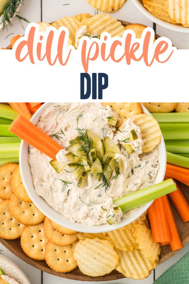 Dill pickle dip in bowl surrounded by dippers.