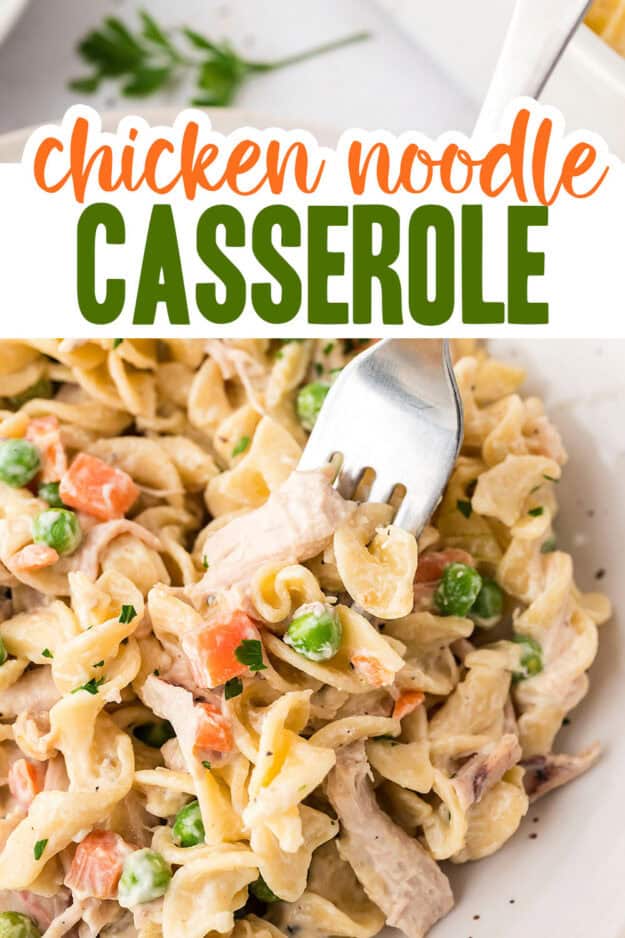 Chicken and noodle casserole on fork.