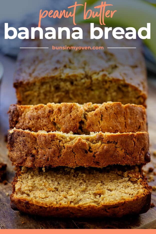 Sliced banana bread with text for Pinterest.