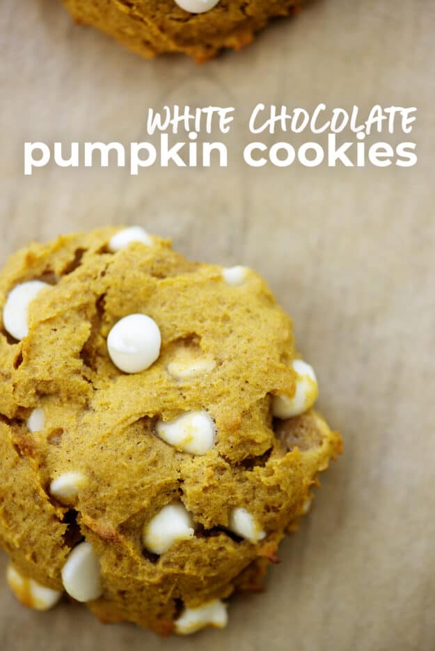 overhead view of pumpkin cookie with white chocolate chips.