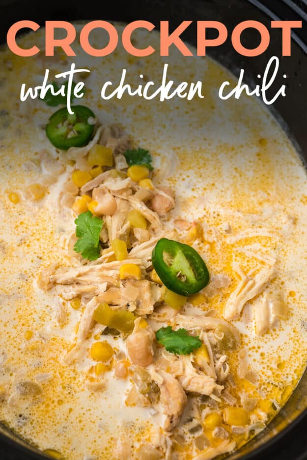 White chicken chili in slow cooker.