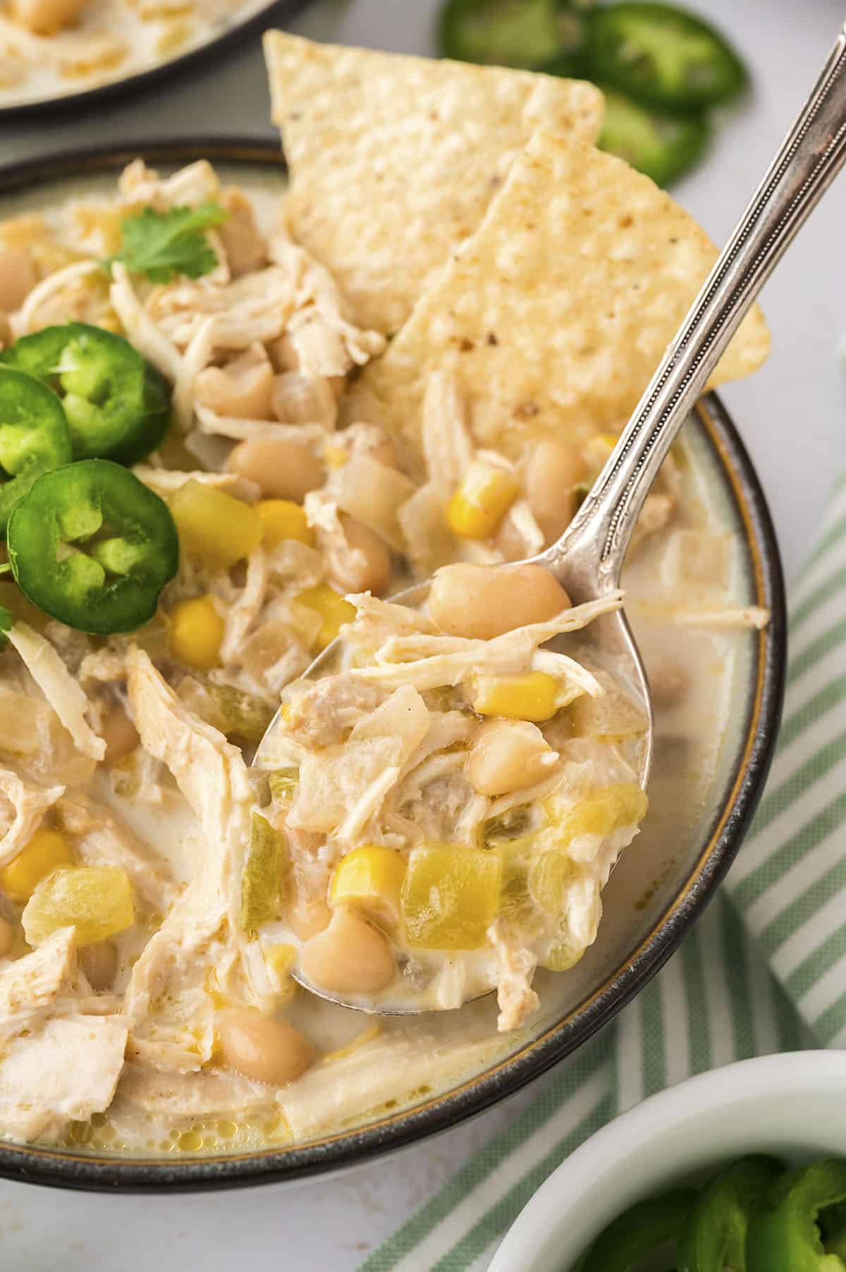 Bowl of slow cooker white chicken chili.