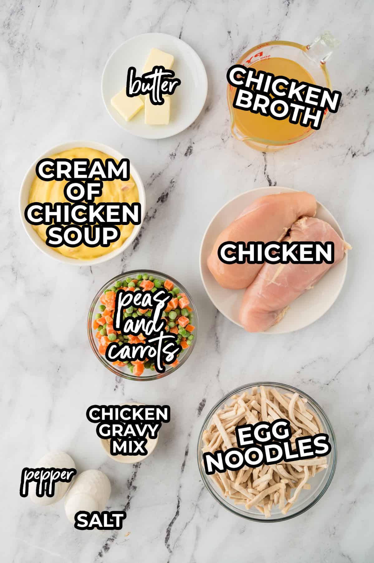 Ingredients for creamy chicken and noodles.