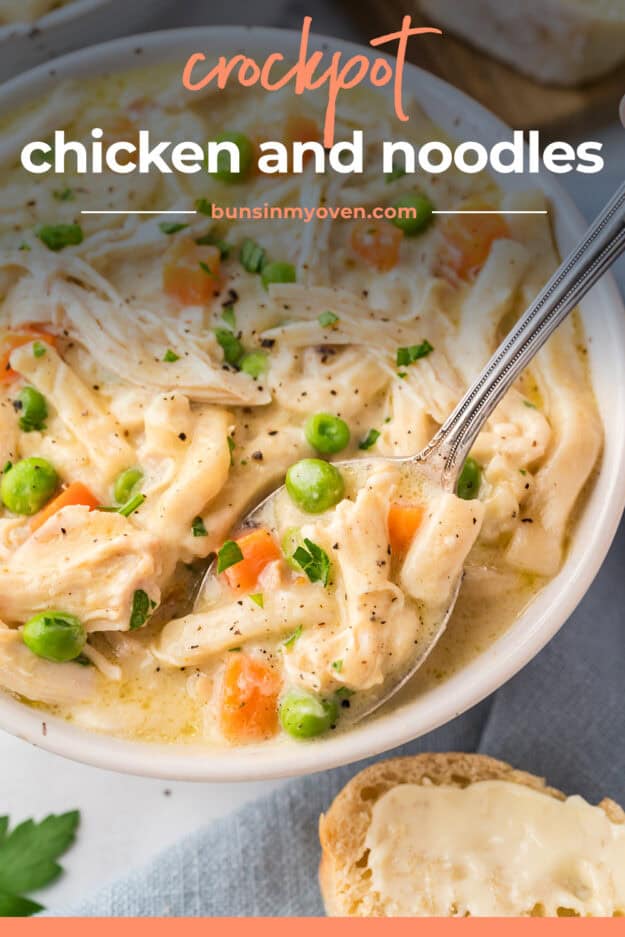 Spoonful of crockpot chicken noodles.