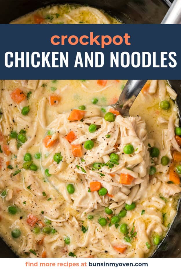 Ladle full of chicken and noodles in crockpot.