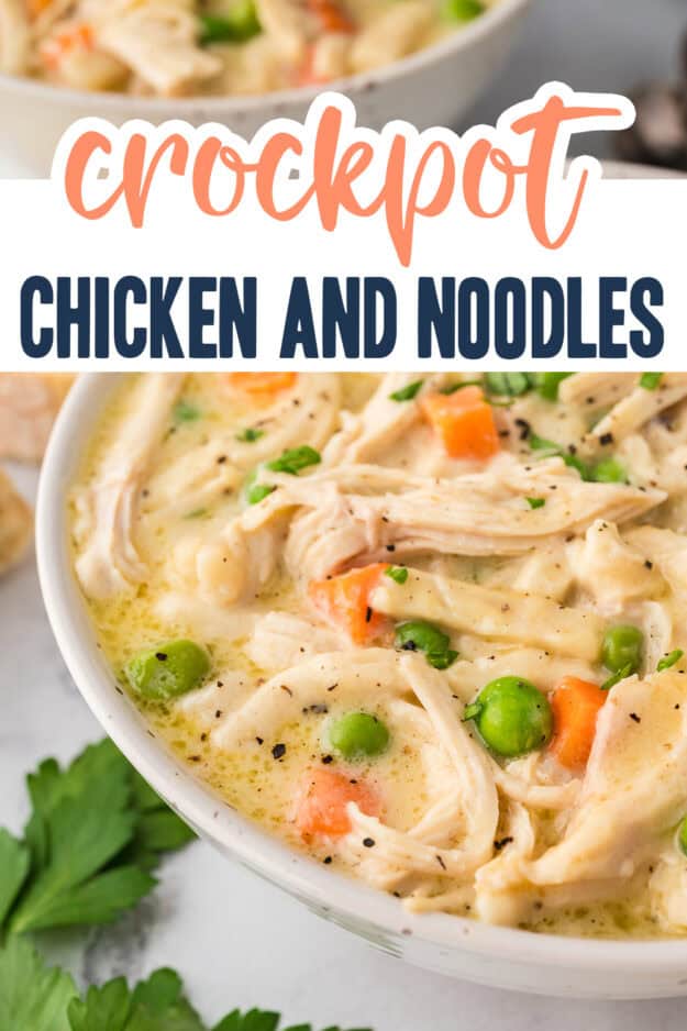 Creamy chicken noodle recipe in white bowl.