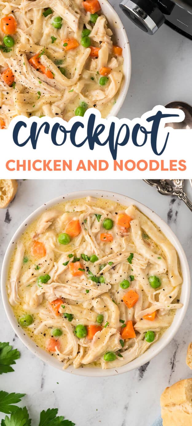 Collage of crockpot chicken noodle recipe.