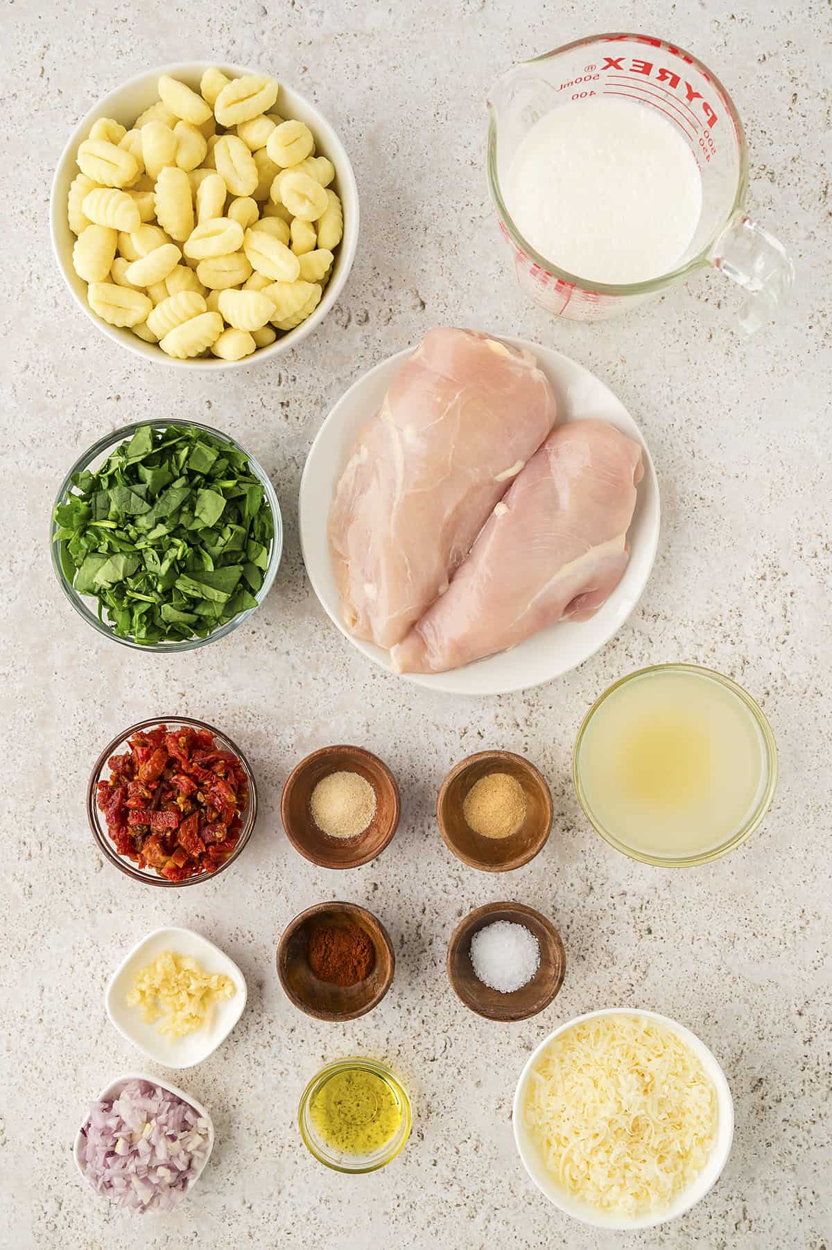 Ingredients for tuscan chicken and gnocchi recipe.