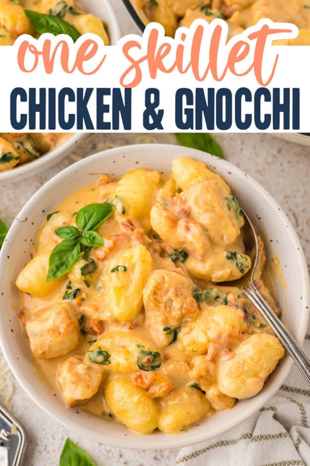 One skillet chicken and gnocchi in bowl.