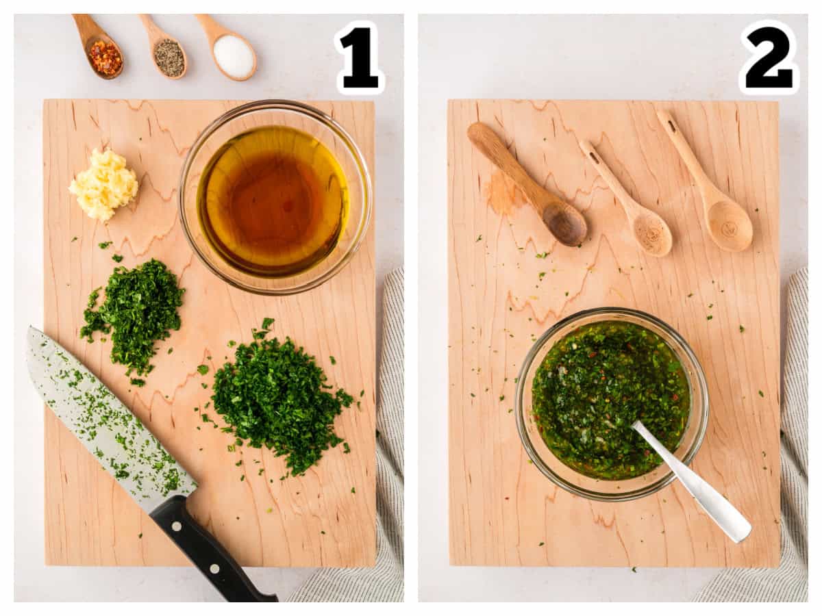 Collage showing how to make chimichurri sauce.