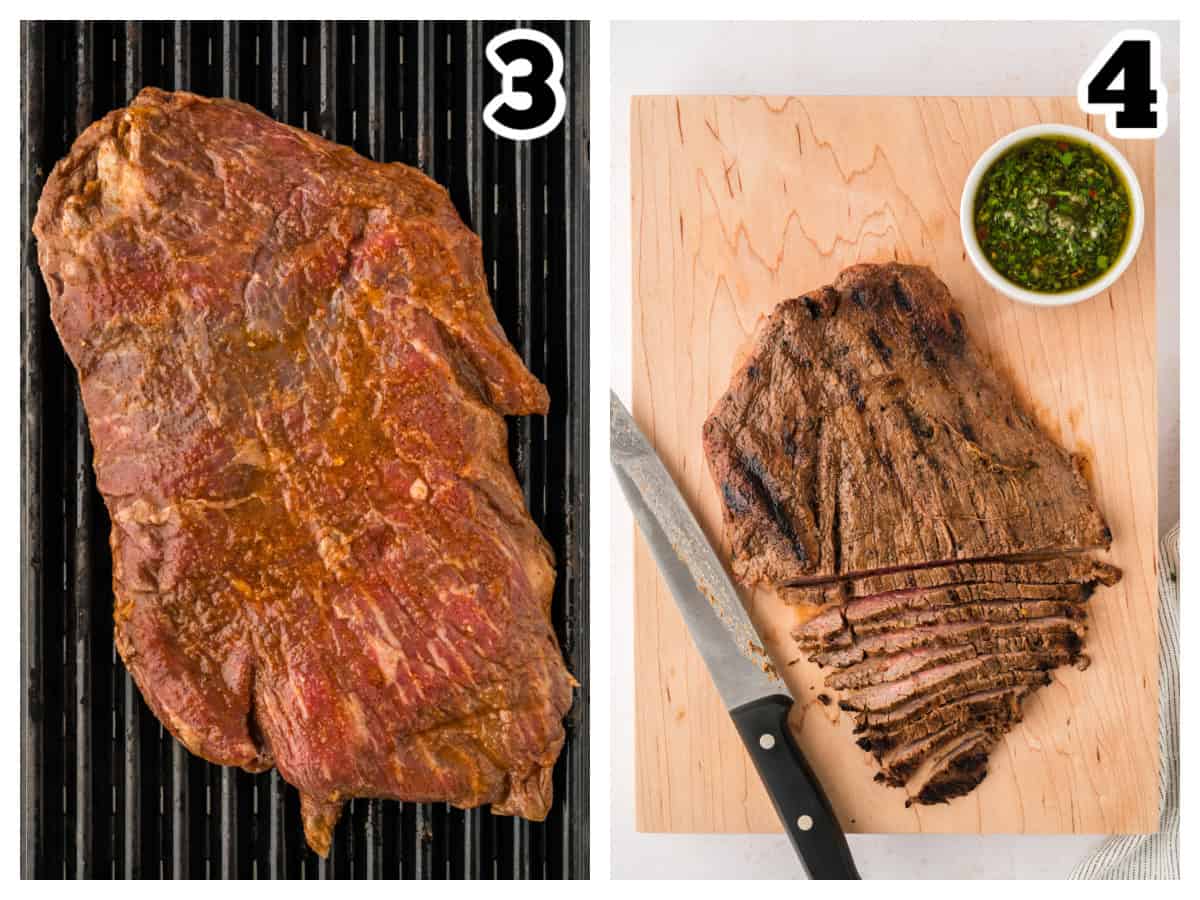 Collage showing how to make flank steak on the grill.