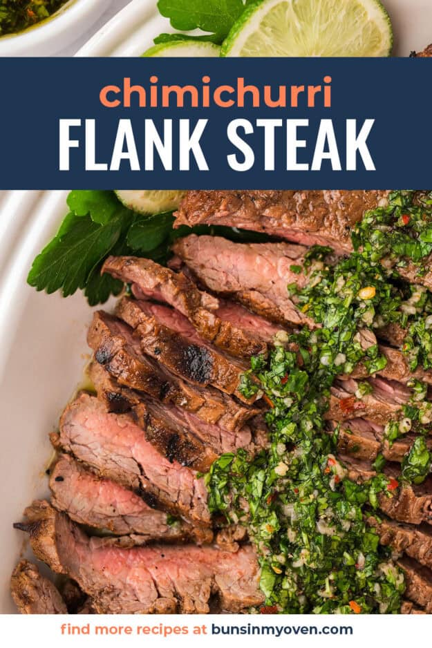 Strips of flank steak topped with cilantro chimichurri.