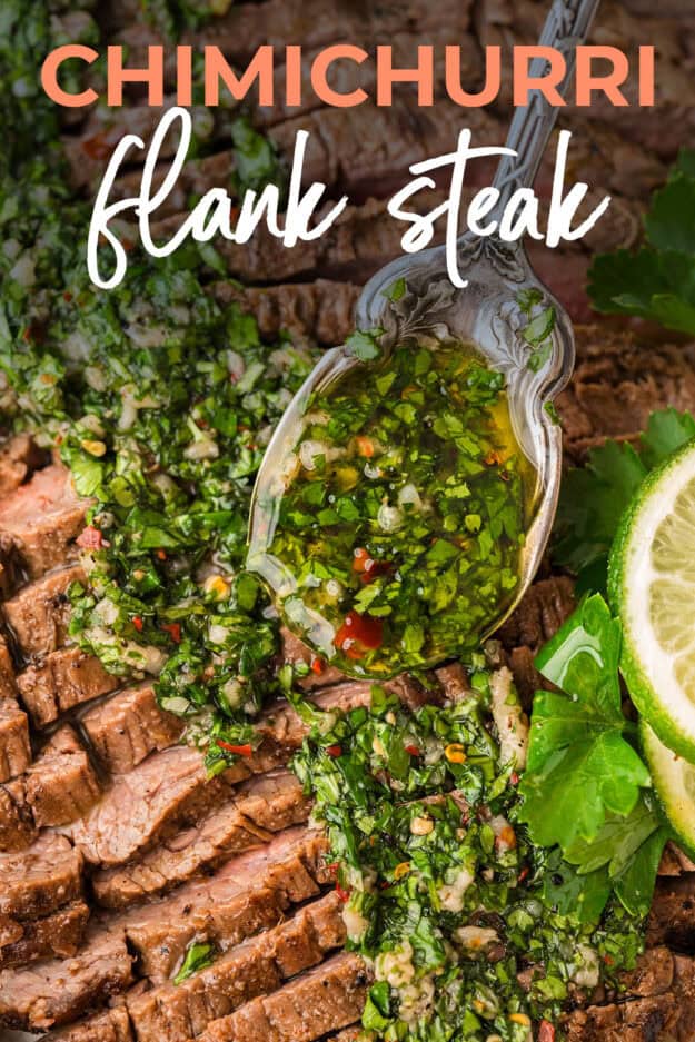 Decorative spoon full of chimichurri being drizzled over flank steak.