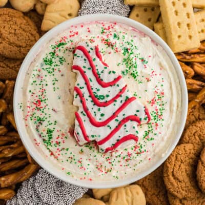 Christmas tree dip in white bowl.