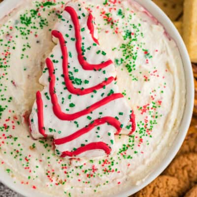 Little Debbie Christmas tree dip in white bowl.