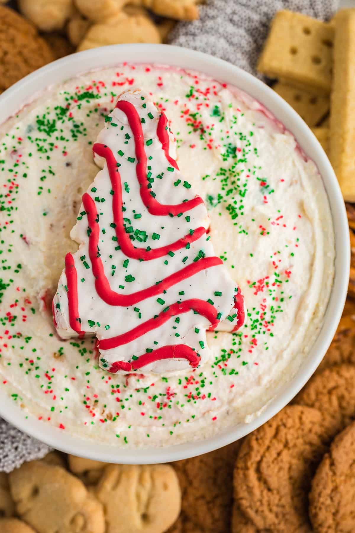 Little Debbie Christmas tree dip in white bowl.